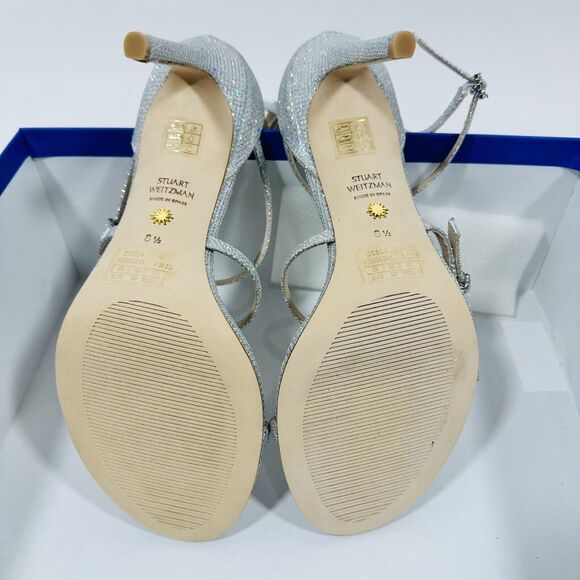 NIB Stuart Weitzman Nudist 8.5 Crystal Buckle Sandals 100mm Silver Glitter $625 - Picture 13 of 14